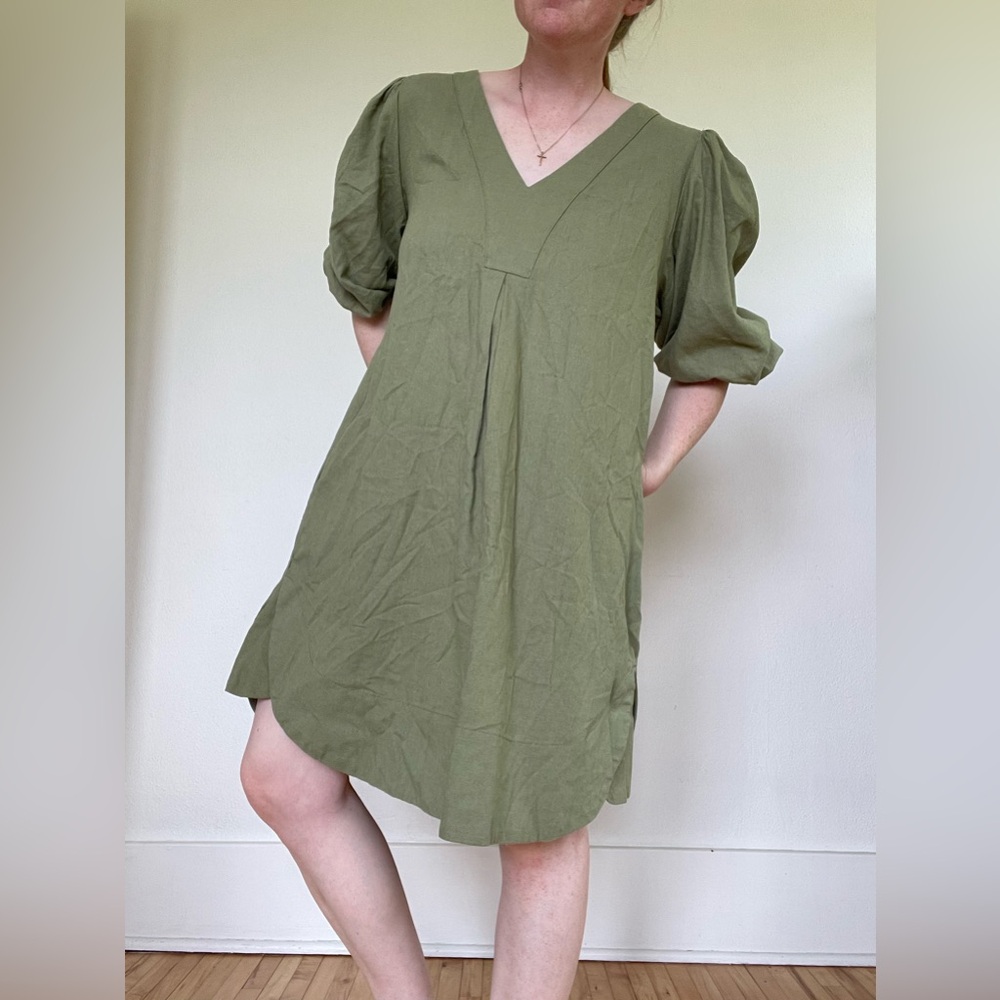 Cynthia Rowley Women’s Olive Green V-Neck Puff Sleeve Dress